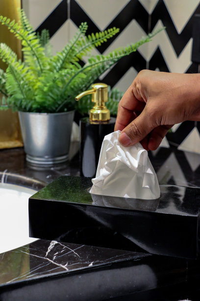 图像不认识的人从一个黑色的组织架拉组织，肥皂分拣器，人造蕨类植物在金属锅坐在大理石浴室柜台，浴室水槽，单色，锯齿瓷砖墙背景，重点在前景图片下载