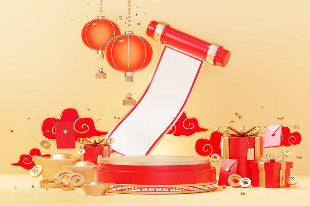 2023年兔年中国新年快乐。传统的展示产品的讲台。农历新年红色背景装饰与中国的纹理，黄金，硬币，和生肖。3 d渲染。图片下载