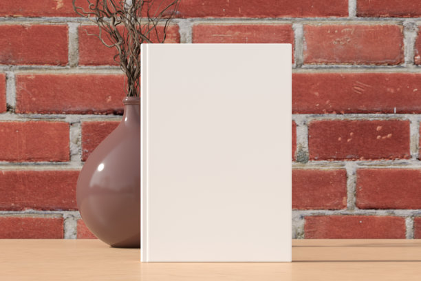 垂直书封面模拟站在木桌与红砖墙背景。图片下载