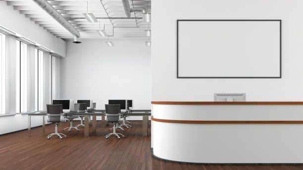 空白的水平海报在办公室前台上方的墙上图片下载