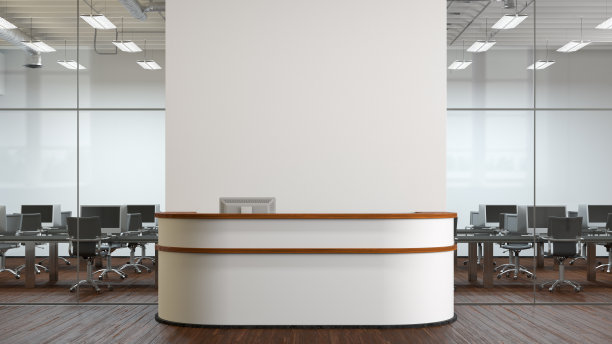 空白的白色办公室墙壁模拟办公室接待台。图片下载