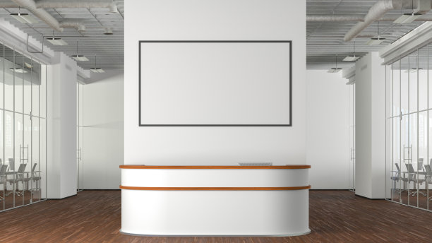 空白的水平海报在办公室前台上方的墙上图片下载