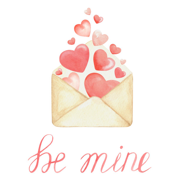 情人节的卡片。爱心从纸信封里飞出来。情人节的水彩卡片。做我的吧。正方形-合成。图片下载