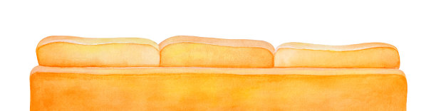 大亮黄色沙发的水彩插图，后视图。网站页脚，分割线，框架，文章装饰，聚会邀请的良好形象。图片下载