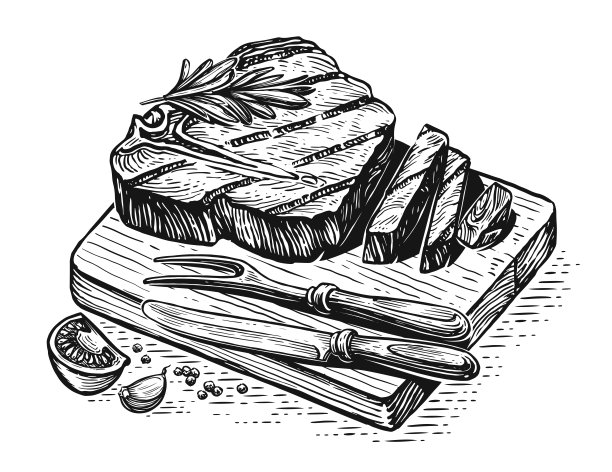 用刀叉在木砧板上烤牛里脊。烧烤美食，烧烤小品。矢量图图片下载