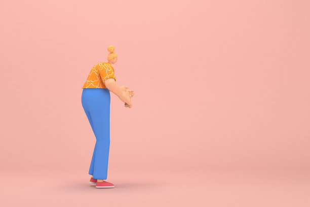 金发扎成发髻的女人穿着蓝色灯芯绒裤子和橙色白色条纹t恤。她说话时总是用手做手势。动画角色在表演中的三维渲染。图片下载