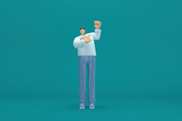 卡通人物穿着牛仔裤和长衬衫。他说话时手脚都很灵活。表演中的3d渲染。图片下载