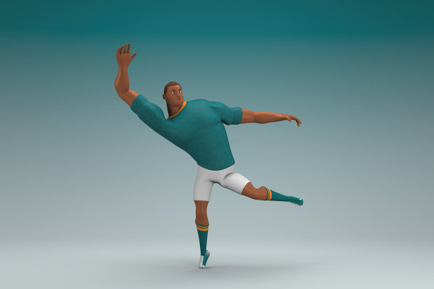 穿着绿色衬衫和白色裤子的运动员。他正在做运动。动画角色在表演中的三维渲染。图片下载