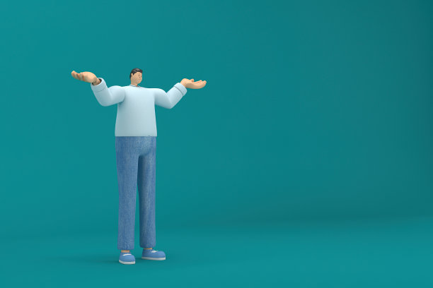 卡通人物穿着牛仔裤和长衬衫。他说话时手脚都很灵活。表演中的3d渲染。图片下载