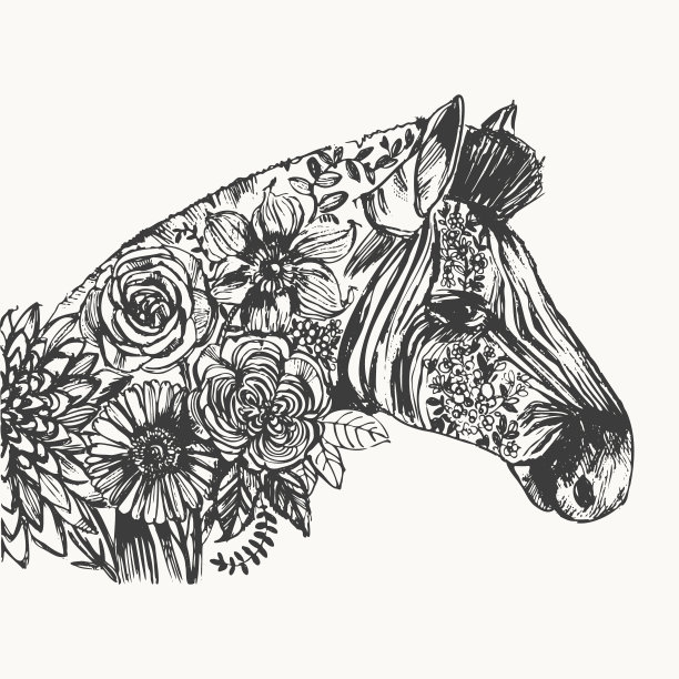 手绘抽象斑马头与花图片下载