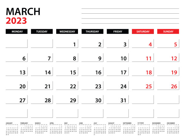 2023年3月计划模板，2023年日历模板，月度和年度计划。组织者的日记。一周开始周一，公司计划模板，台历2023，矢量插图图片下载