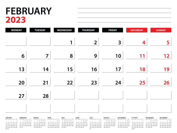 2023年2月计划模板，2023年日历模板，月度和年度计划。组织者的日记。一周开始周一，公司计划模板，台历2023，矢量插图图片下载