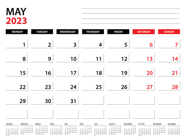 2023年5月计划模板，2023年日历模板，月度和年度计划。组织者的日记。一周开始周一，公司计划模板，台历2023，矢量插图图片下载