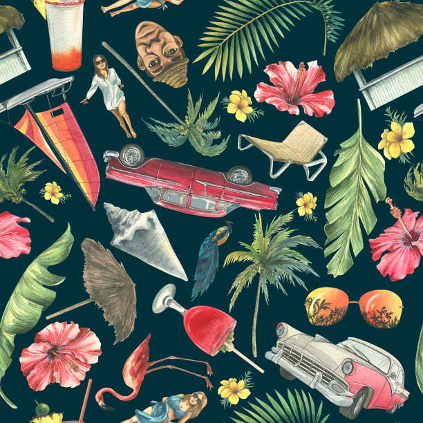 一个热带，无缝模式从一个大古巴集。水彩插图与复古汽车，棕榈叶，海滩配件在黑暗的背景。用于纺织品、墙纸、织物、服装。图片下载