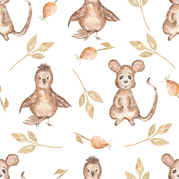 水彩无缝图案与鸟和叶子，老鼠和狗玫瑰。手绘林地动物背景。秋天的模式。图片下载