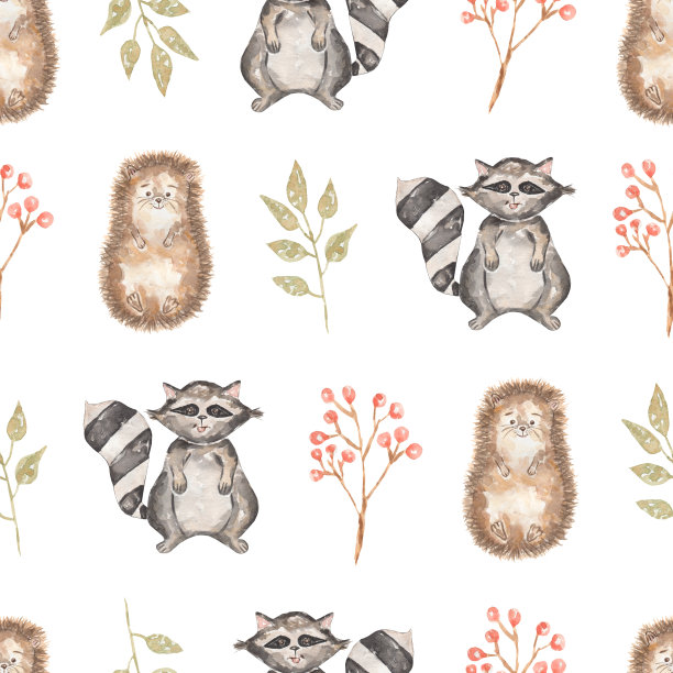 水彩无缝图案与浣熊和树叶，刺猬和浆果。手绘林地动物背景。秋天的模式。图片下载