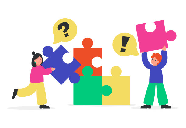 男孩和女孩拿着拼图，寻找正确的。云包含一个问号和一个感叹号。图片下载