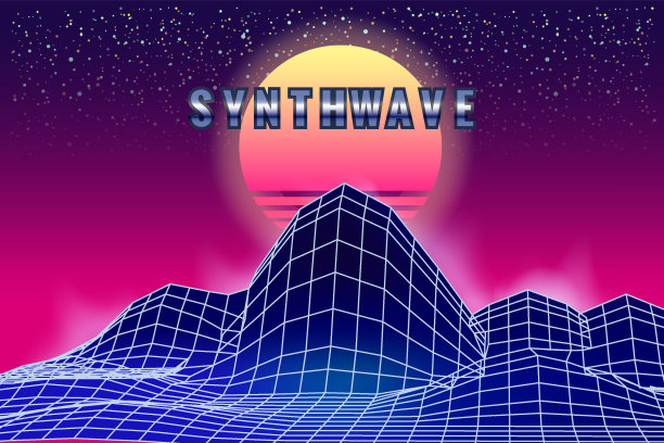 Synthwave复古横幅蒸汽波美学背景。山脉景观网格3d，日落80年代的复古浪潮图片下载