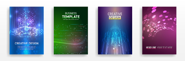 未来派的商业海报。技术涵盖了公司文件。布局模板科学设计。宣传册，传单，书籍，年度报告。用于商业演示的蓝色高科技矢量插图。图片下载