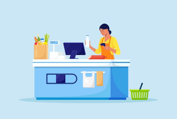零售女收银员与条码扫描器站在收银机在商店。超市商店柜台设备及店员制服图片下载