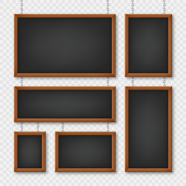 挂在金属链上的木框招牌。餐厅菜单板。学校黑板，文字或绘画的书写面。空白的广告或展示板。矢量图图片下载