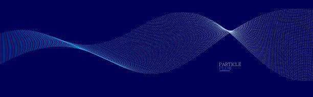 运动中的蓝点暗矢量抽象背景，粒子阵列波浪流，运动中的点曲线线，技术和科学说明。图片下载