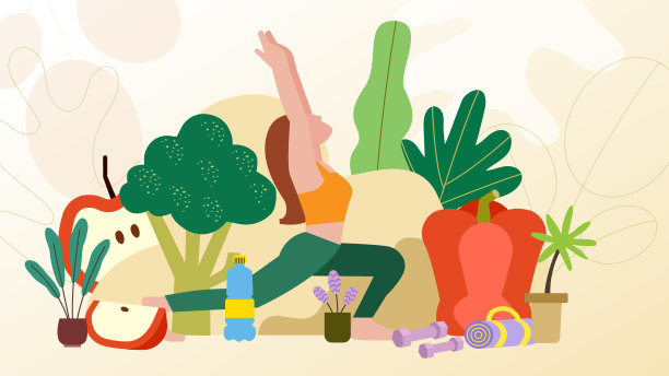 有健康生活方式的人，插图，女性锻炼和做瑜伽，有机蔬菜和水果为健康的背景图片下载