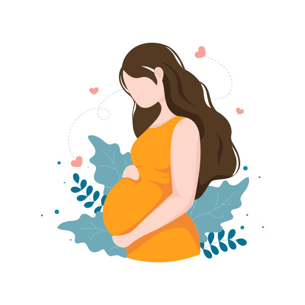 幸福的孕妇，橙黄色连衣裙，白色背景绿色树叶矢量插画图片下载