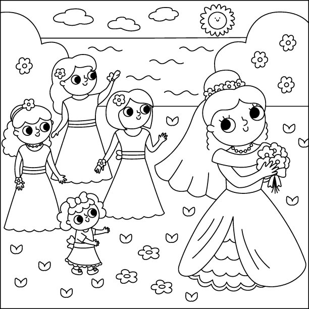 矢量黑白婚礼场景与可爱的新婚夫妇。婚线仪式景观彩绘页与新娘新郎。戴着面纱的漂亮女孩向伴娘投掷花束图片下载