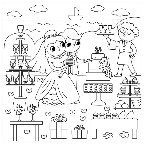 矢量黑白婚礼场景与可爱的新婚夫妇。婚线仪式景观彩绘页与新娘新郎。丈夫和妻子在糖果棒附近切蛋糕图片下载