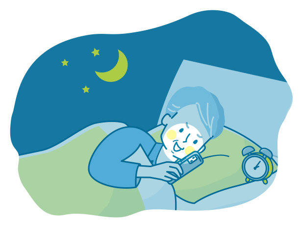 老年妇女晚上在床上看智能手机的插图图片下载