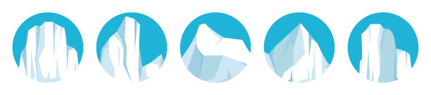 漂浮冰山收藏。漂移的北极冰川，冻结的海水块。冰雪覆盖的高山。融化的冰峰。南极雪景。南极和北极。矢量插图。图片下载