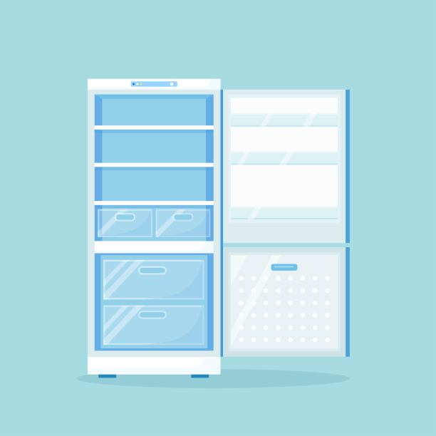 打开空冰箱放各种健康食品。冰箱在厨房，冷冻室图片下载