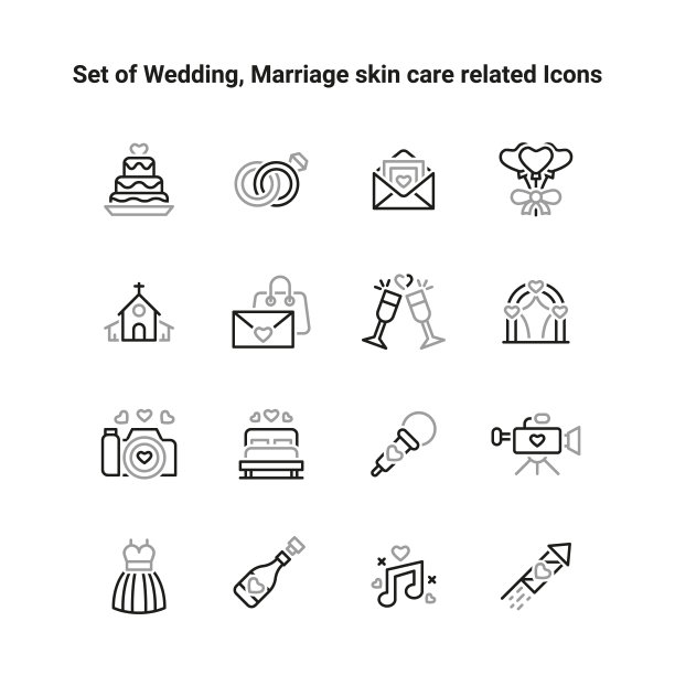 集婚礼、结婚、仪式行图标。现代平面设计理念，简洁的轮廓元素集合。可编辑的中风。矢量插图。图片下载