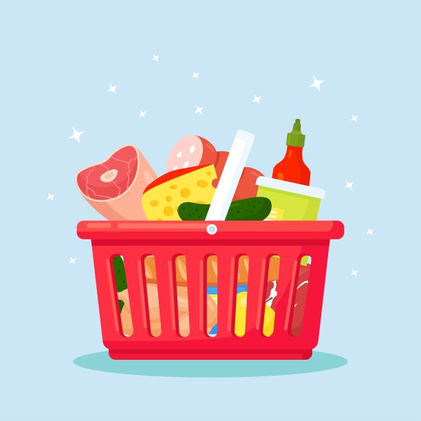 超市用塑料购物篮。购物篮里装满了食品杂货，新鲜健康的食品，饮料图片下载