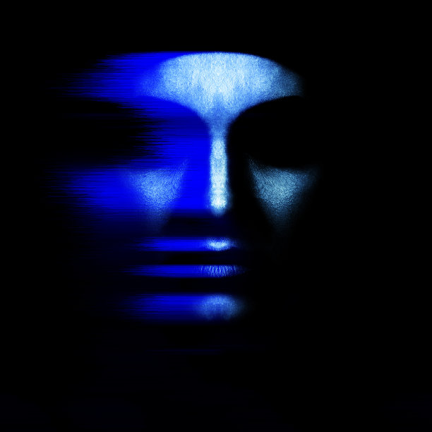 抽象女性面部剪影肖像在蓝色霓虹灯未来的故障全息图效果图片下载