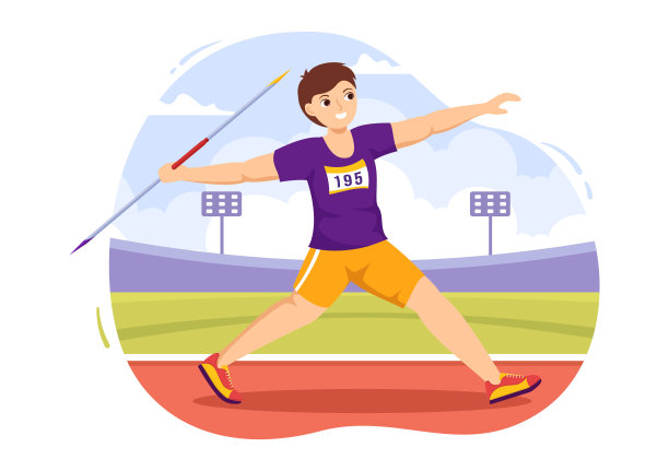 标枪投掷运动员插图使用长枪形状的工具扔在体育活动平面卡通手绘模板图片下载