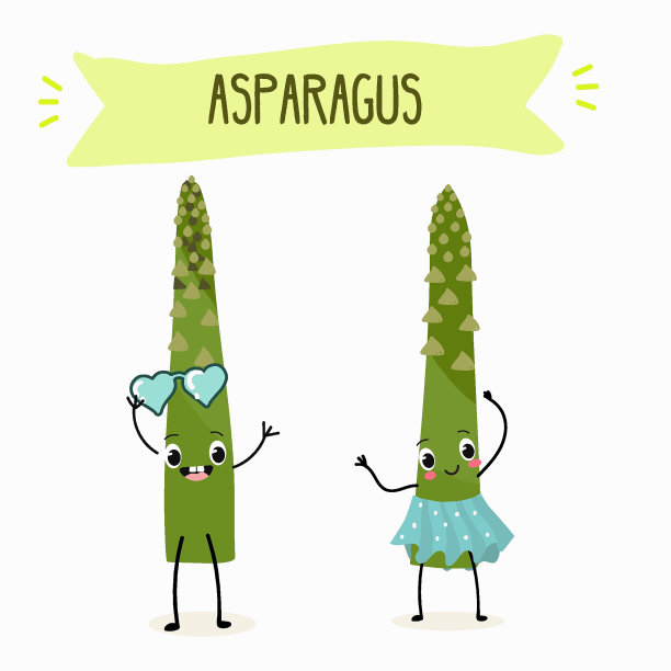 插图与有趣的芦笋字符。有趣又健康的食物。维生素，萌面食品，食材，素食，矢量卡通，抗氧化剂。图片下载