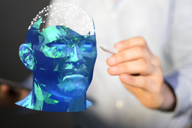 计算机科学家正在用人工智能创建一个半机械人头部全息图的3D渲染图片下载