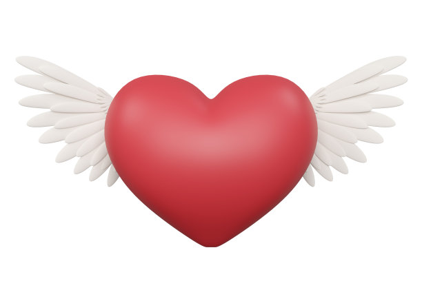 三维渲染红心与白色翅膀图片下载