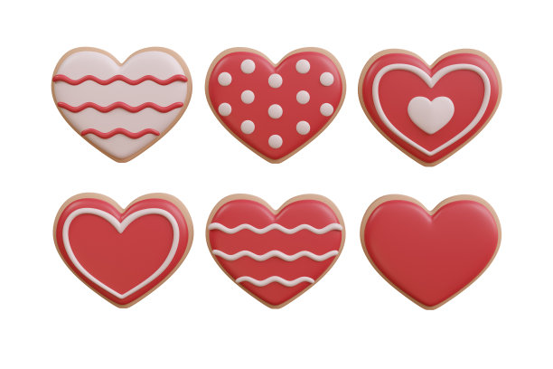 3d渲染可爱的心形饼干红白相间的颜色图片下载