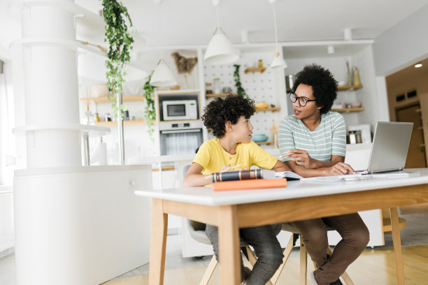 男孩在书上写字，而他的妈妈在笔记本电脑前工作。孩子在学习，母亲在家工作。图片下载