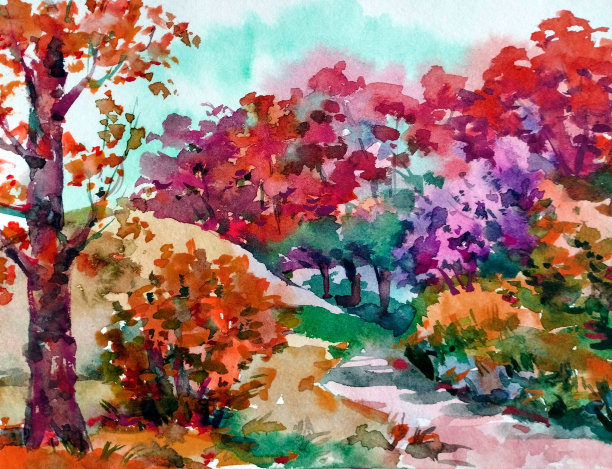 水彩色彩鲜艳的纹理抽象背景手工制作。地中海景观。画的是秋天的公园，用自然水彩画的手法图片下载