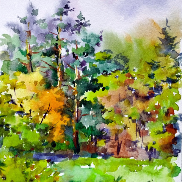 水彩色彩鲜艳的纹理抽象背景手工制作。地中海景观。画的是秋天的公园，用自然水彩画的手法图片下载