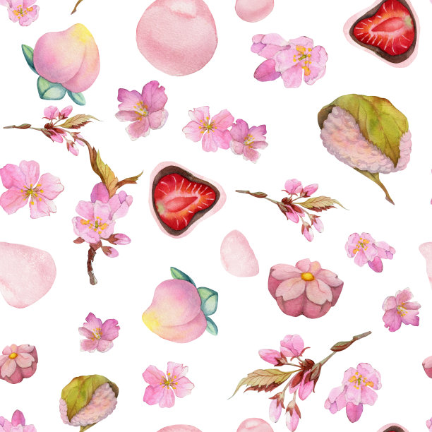 水彩无缝图案与手绘传统日本糖果。和果，麻糬，樱花。孤立在白色背景上。请柬，餐厅菜单，贺卡，印刷品，纺织品图片下载