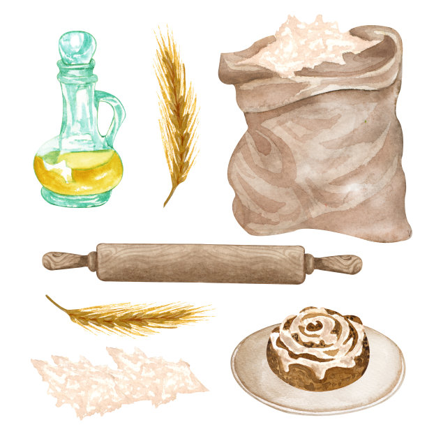 用厨房用具，切菜板，黄油，擀面杖，面粉，鸡蛋，蓝色围裙，收纳簿，在白色背景上搅拌。烹饪剪贴艺术。烘焙插图。图片下载