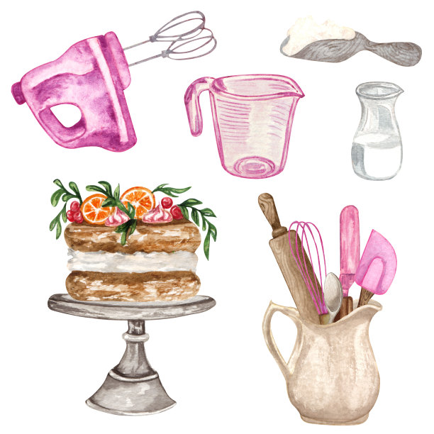 烘焙水彩画设置与厨房用具，搅拌机，巧克力，壶，勺子，粘土jag，搅拌器在白色背景。烹饪剪纸艺术。烘焙插图图片下载