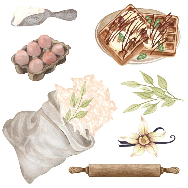 烘焙水彩画设置与厨房用具，搅拌机，巧克力，壶，勺子，粘土jag，搅拌器在白色背景。烹饪剪纸艺术。烘焙插图图片下载