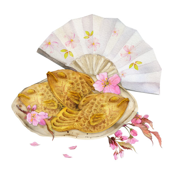 水彩手绘的日本传统糖果。陶瓷碟，春烧，麻糬，器物。孤立在白色背景上。设计邀请函，餐厅菜单，贺卡，印刷，纺织图片下载