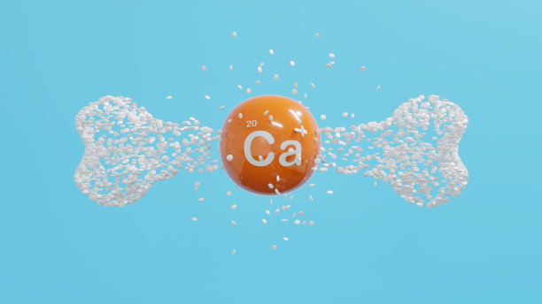 养骨强骨的概念。白骨片溅在蓝色背景的钙球上。维生素d 3d渲染。图片下载